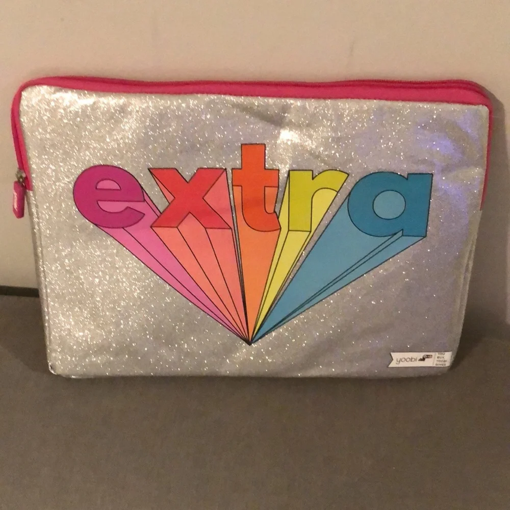 YOOBI Laptop Case In Metallic Silver Glitter With Rainbow Letters “Extra “
